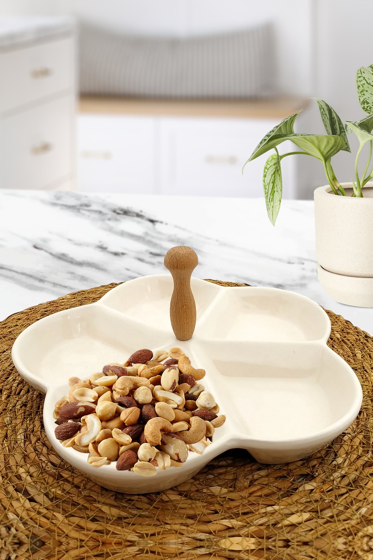 5 Bölmeli Seramik Kahvaltılık Ve Çerezlik Ahşap Kulplu Sunum Tabağı