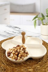5 Bölmeli Seramik Kahvaltılık Ve Çerezlik Ahşap Kulplu Sunum Tabağı