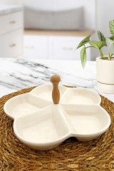 5 Bölmeli Seramik Kahvaltılık Ve Çerezlik Ahşap Kulplu Sunum Tabağı