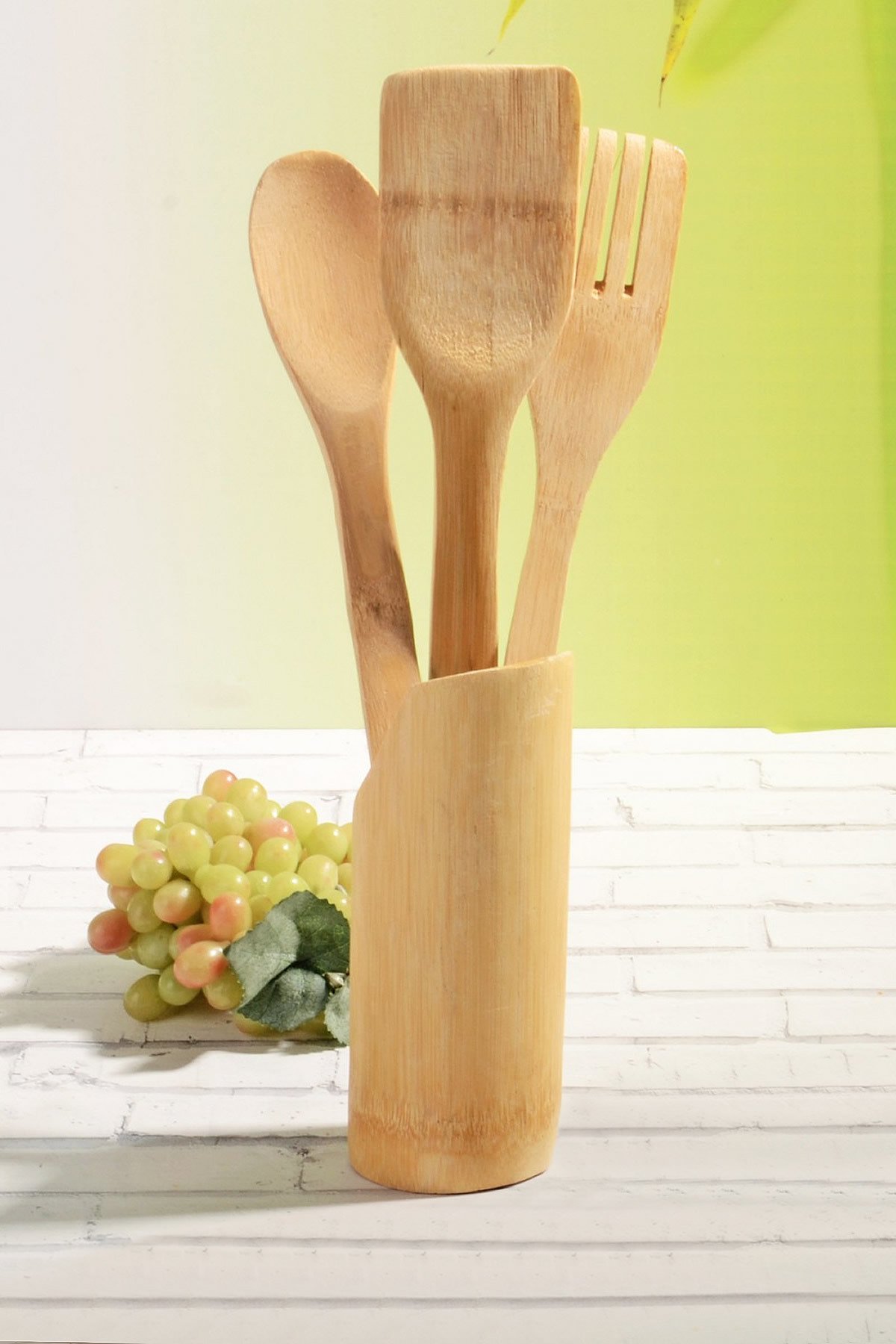 Bambu Standlı Kaşık Seti Kaşık, Spatula ve Çatal Servis Kaşıklık Set - Krd-1530