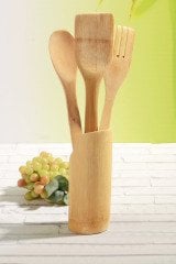 Bambu Standlı Kaşık Seti Kaşık, Spatula ve Çatal Servis Kaşıklık Set - Krd-1530