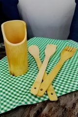 Bambu Standlı Kaşık Seti Kaşık, Spatula ve Çatal Servis Kaşıklık Set - Krd-1530