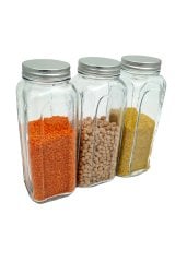 3 lü Kare Cam Kavanoz Metal Silikon Kapaklı Bakliyat Turşu Saklama Kabı 1.2 lt