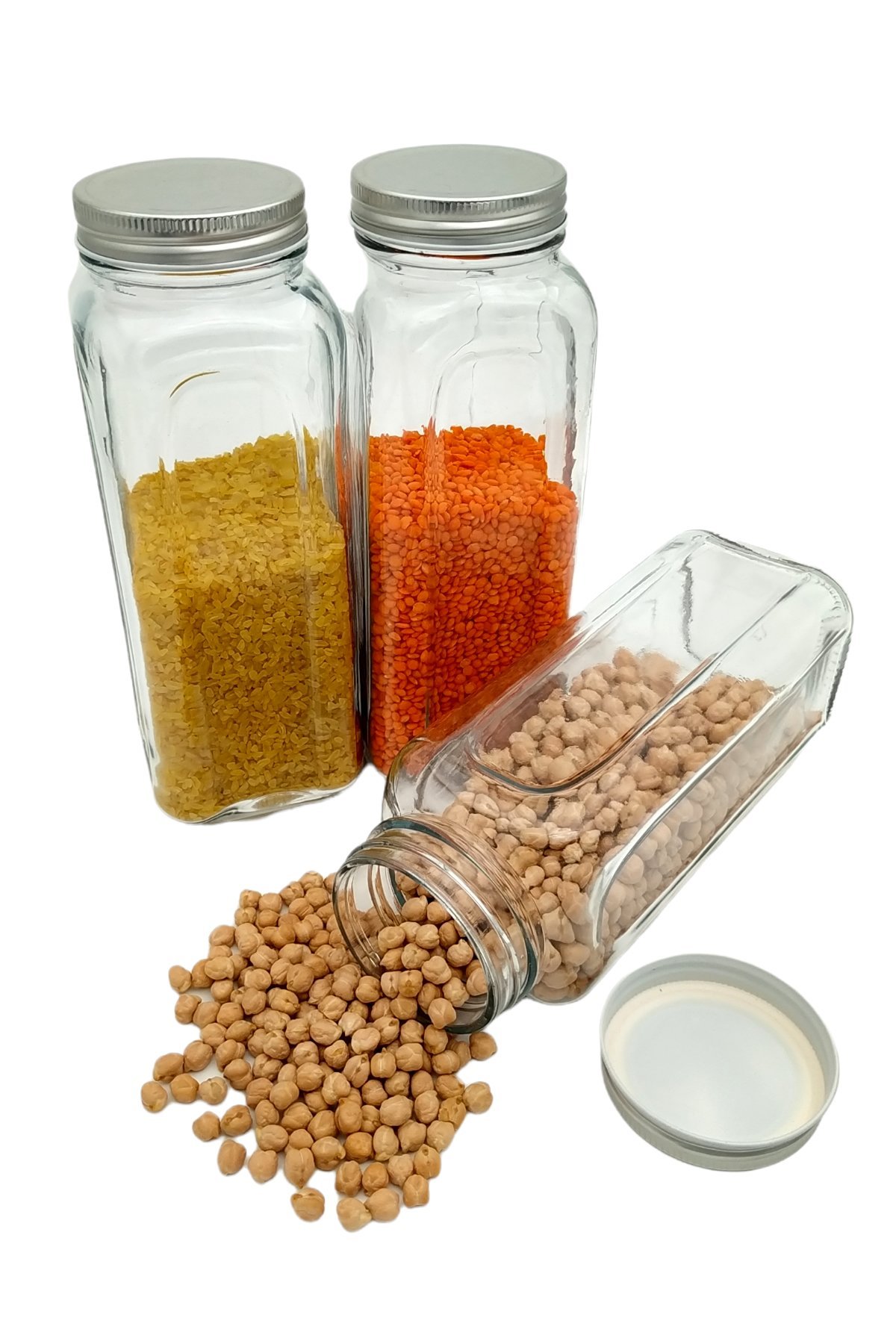 3 lü Kare Cam Kavanoz Metal Silikon Kapaklı Bakliyat Turşu Saklama Kabı 1.2 lt