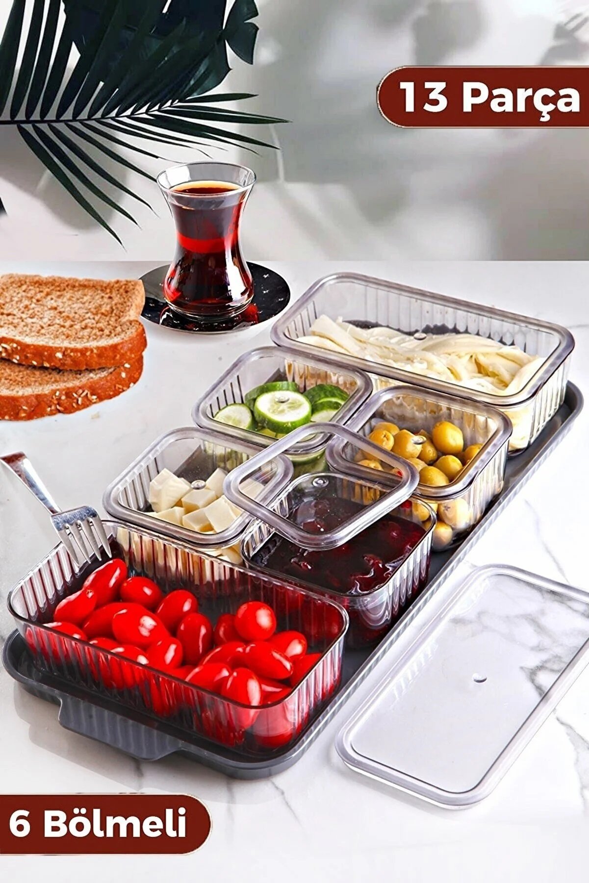 13 Parça 6 Bölmeli Vakum Kapaklı Tepsili Kahvaltılık Seti Saklama Kabı Akrilik