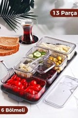 13 Parça 6 Bölmeli Vakum Kapaklı Tepsili Kahvaltılık Seti Saklama Kabı Akrilik