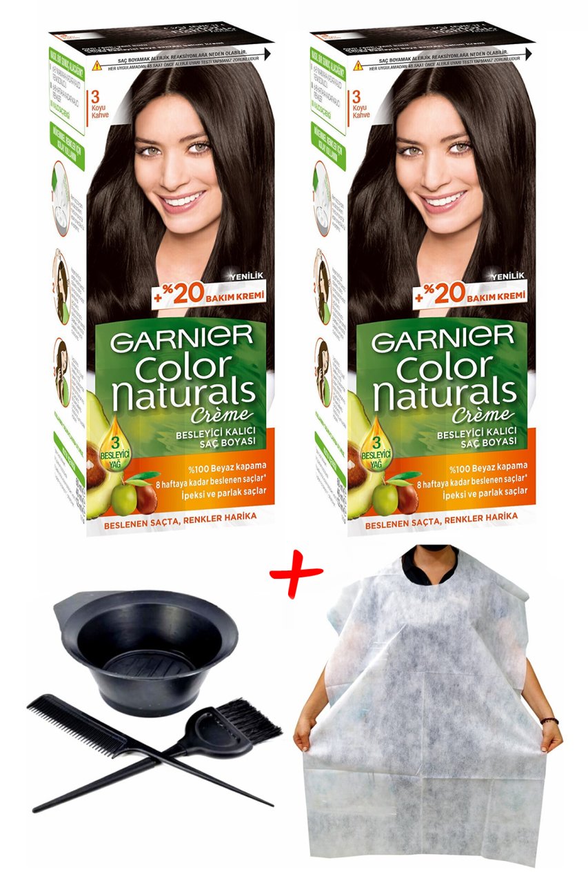 Garnier Color Saç Boyası Naturals 3 Koyu Kahve + Saç Boyama Önlüğü + Saç Boyama Seti