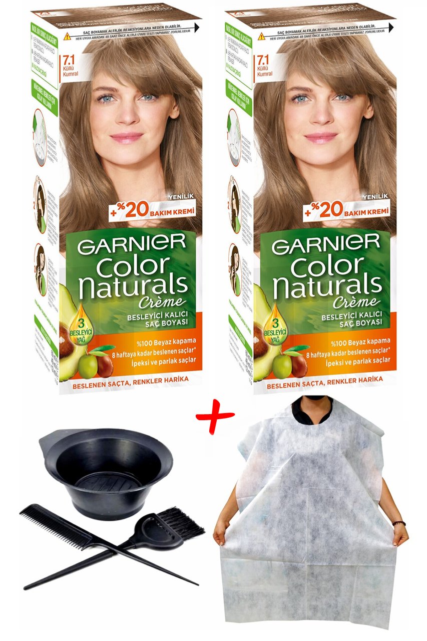 Garnier Color Naturals Saç Boyası 7.1 Küllü Kumral + Saç Boyama Önlüğü + Saç Boyama Seti
