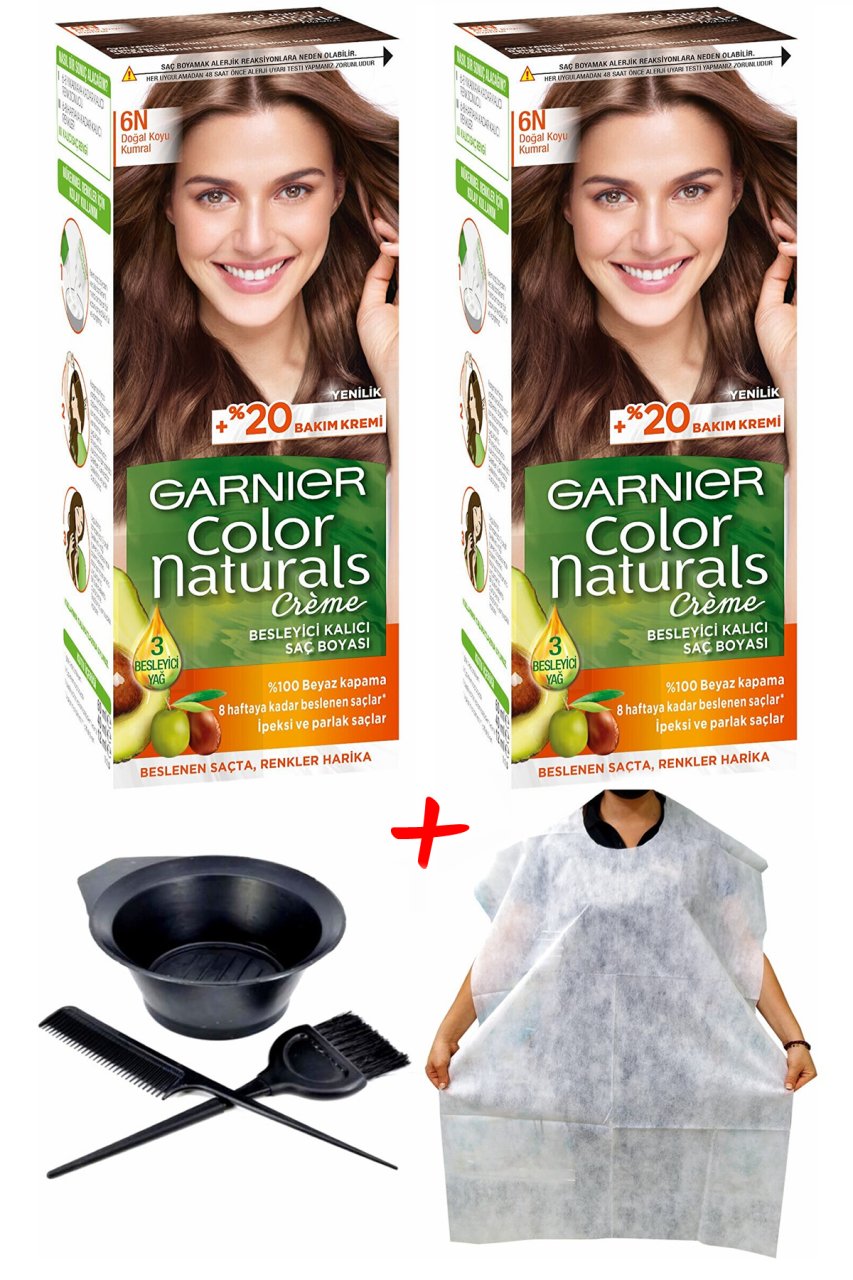Garnier Color Naturals 6N Doğal Koyu Kumral Saç Boya + Saç Boyama Önlüğü + Saç Boyama Seti