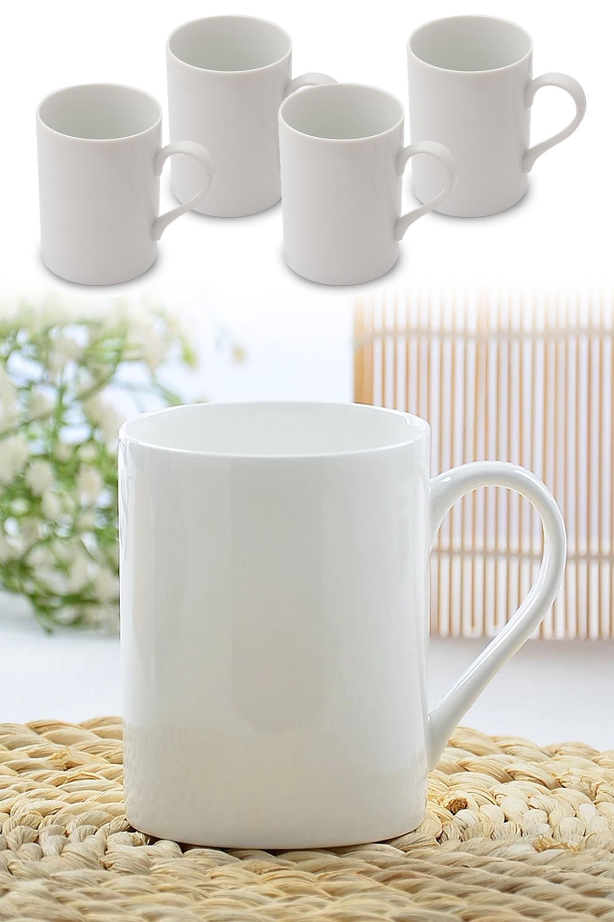 4'lü Porselen Kupa Seti 250ml Beyaz Sade