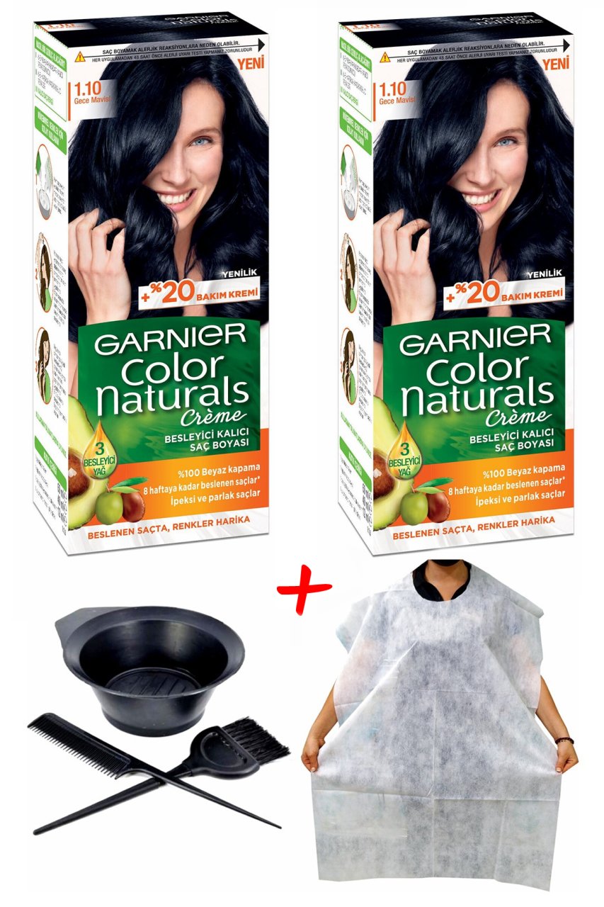 Garnier Color Naturals 1.10 Gece Mavisi + Saç Boyama Önlüğü + Saç Boyama Seti