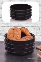 Paslanmaz Metal Siyah Şeritli Siyah Kumaş Yuvarlak Ekmeklik, Ekmek Sepeti