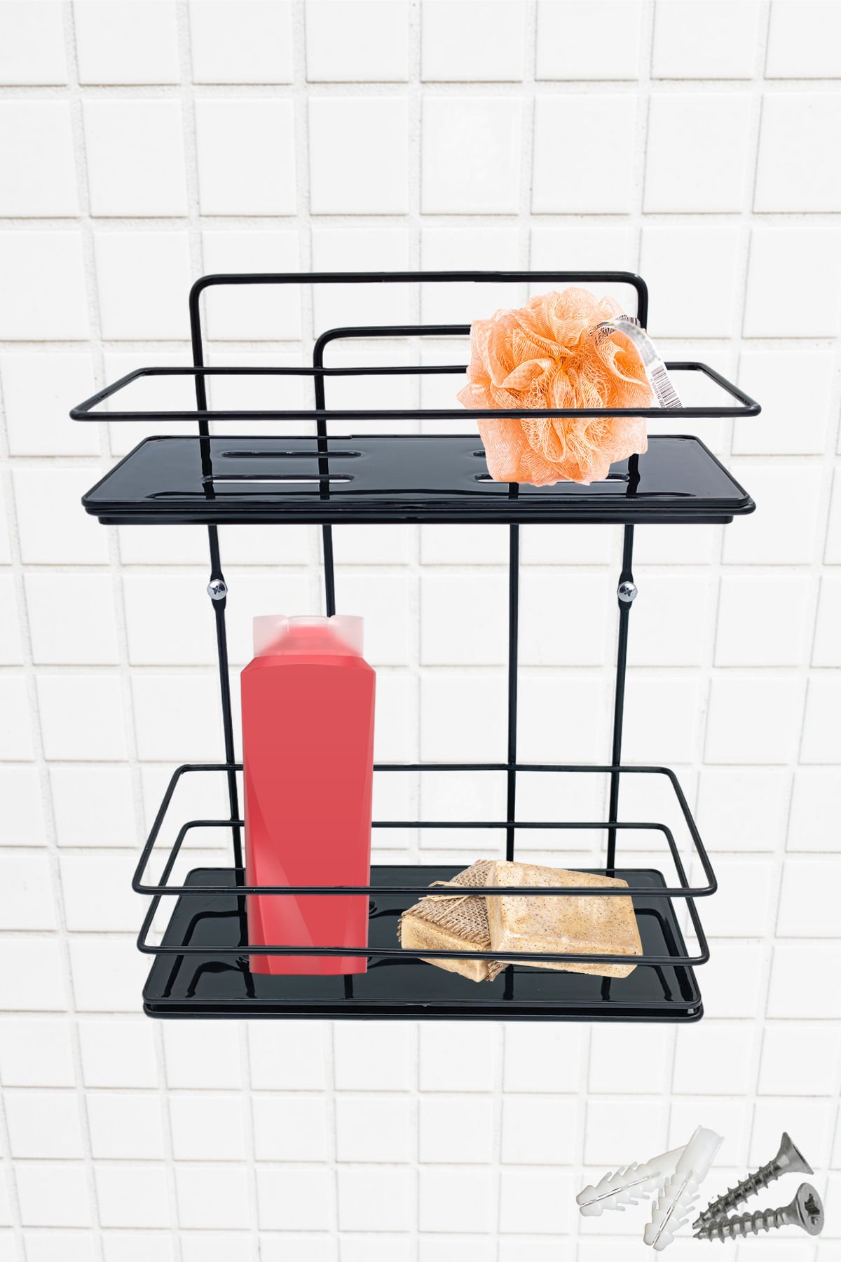 2 Katlı Metal Düz Banyo Rafı Düzenleyici Şampuanlık Duş Rafı Vidalı Siyah