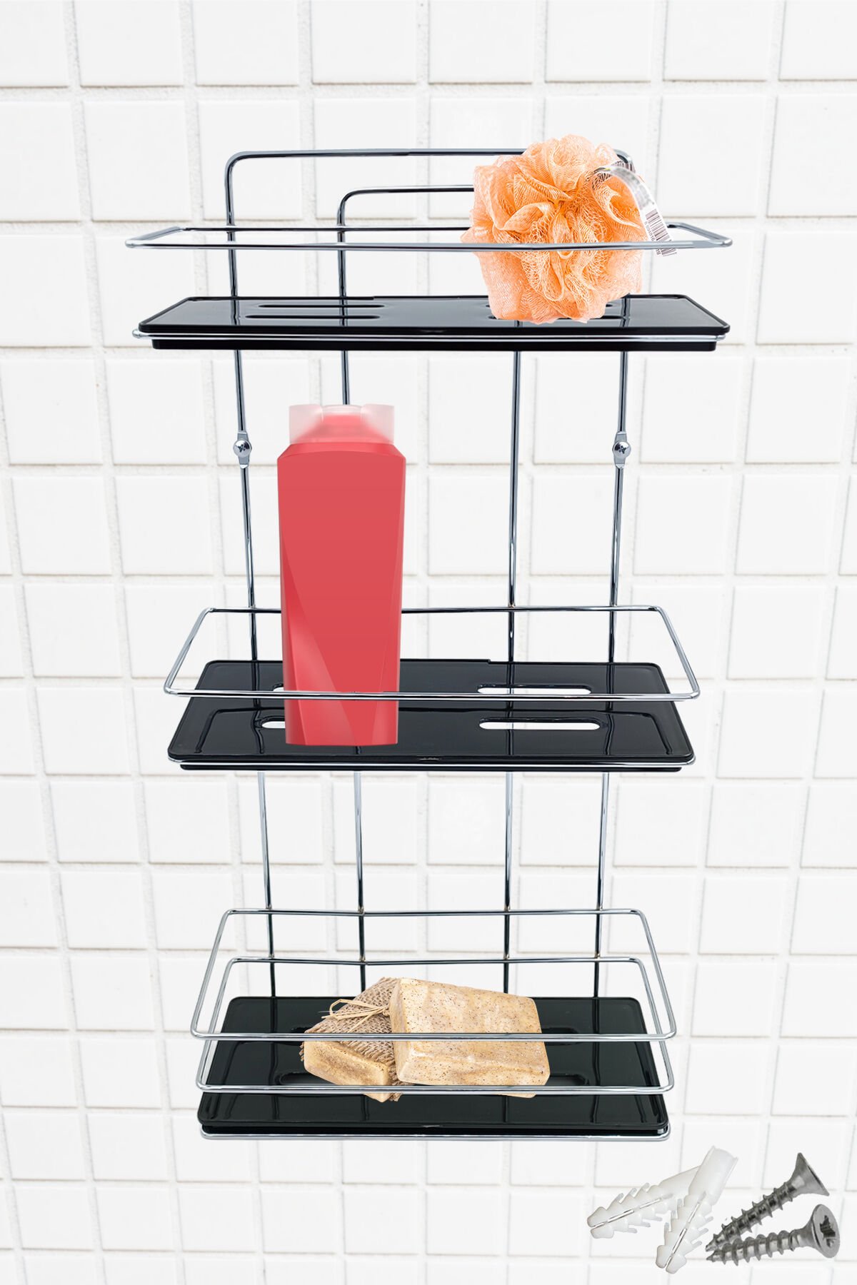 3 Katlı Metal Düz Banyo Rafı Düzenleyici Şampuanlık Duş Rafı Vidalı Krom