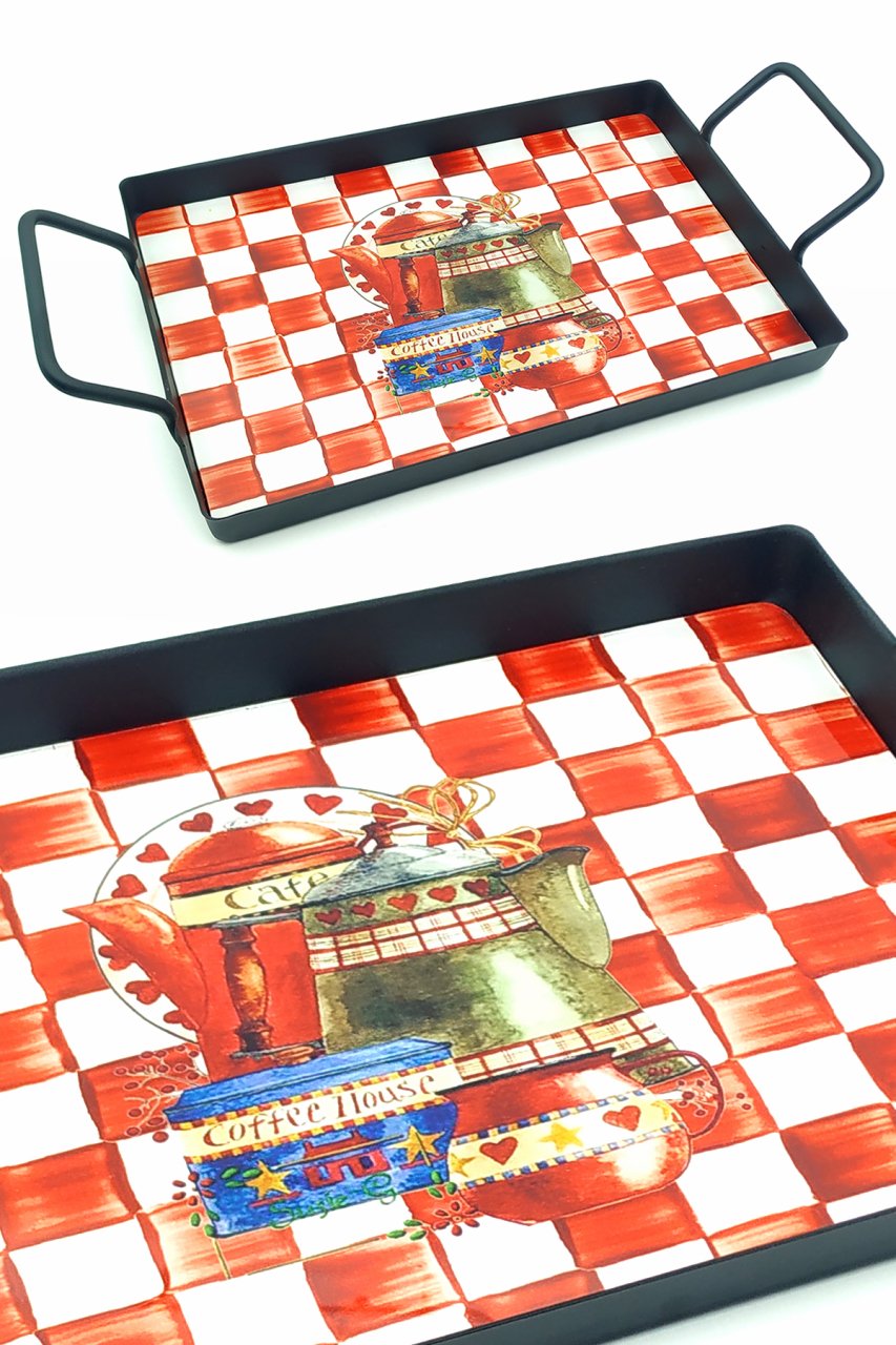 Kulplu Metal Tepsi Çaydanlık Desenli Siyah 38x20cm