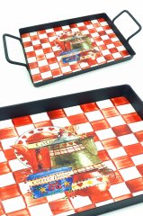 Kulplu Metal Tepsi Çaydanlık Desenli Siyah 38x20cm