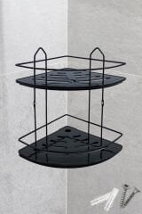 2 Katlı Metal Düz Banyo Köşeliği Düzenleyici Şampuanlık Duş Rafı Vidalı Siyah