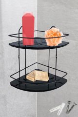 2 Katlı Metal Düz Banyo Köşeliği Düzenleyici Şampuanlık Duş Rafı Vidalı Siyah