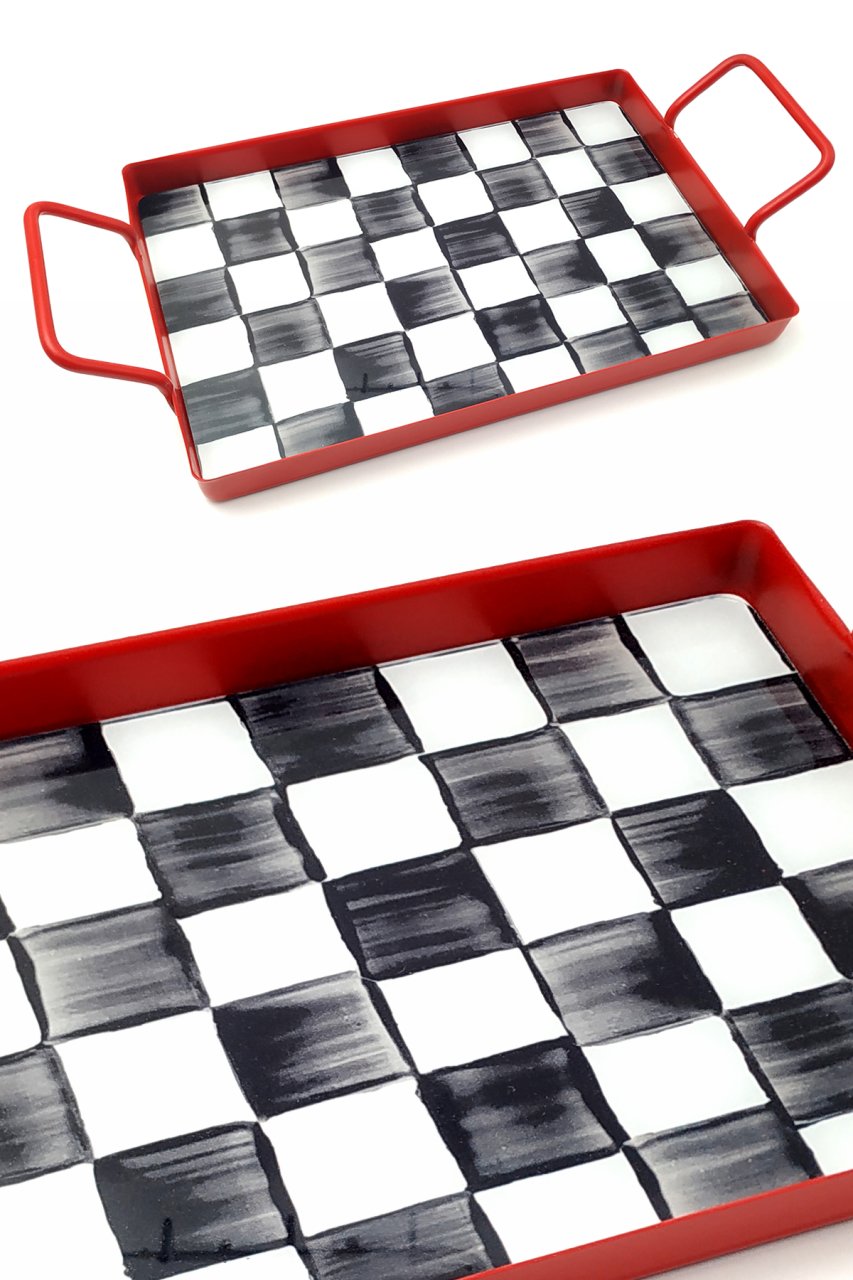 Kulplu Metal Tepsi Dama Desenli Siyah 38x20cm