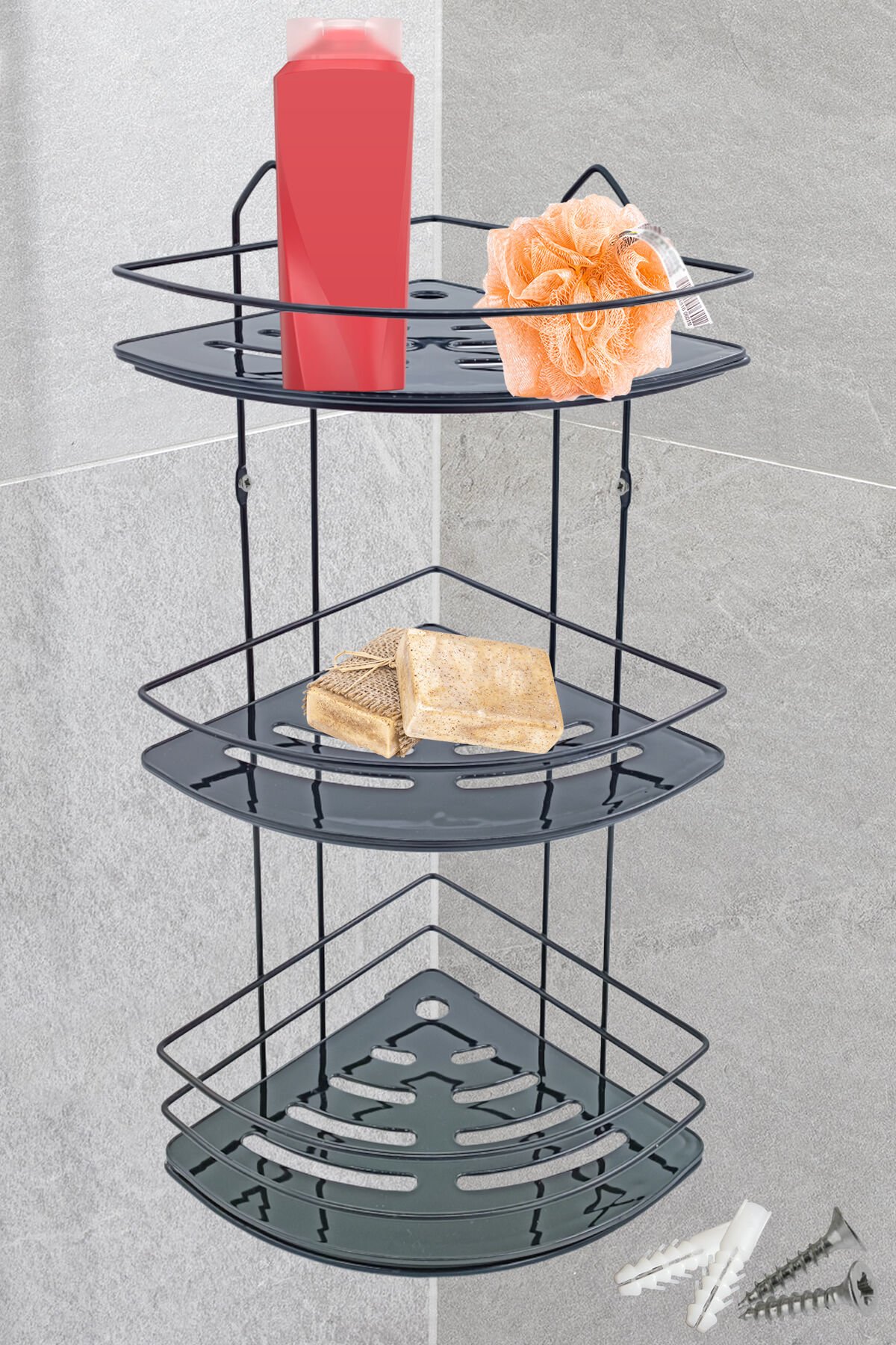 3 Katlı Metal Düz Banyo Köşeliği Düzenleyici Şampuanlık Duş Rafı Vidalı Siyah