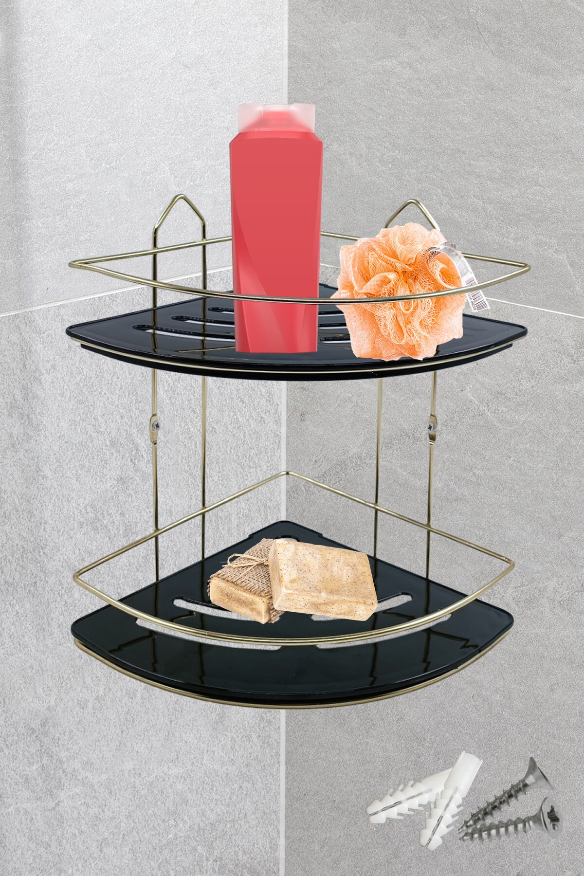 2 Katlı Metal Düz Banyo Köşeliği Düzenleyici Şampuanlık Duş Rafı Vidalı Gold