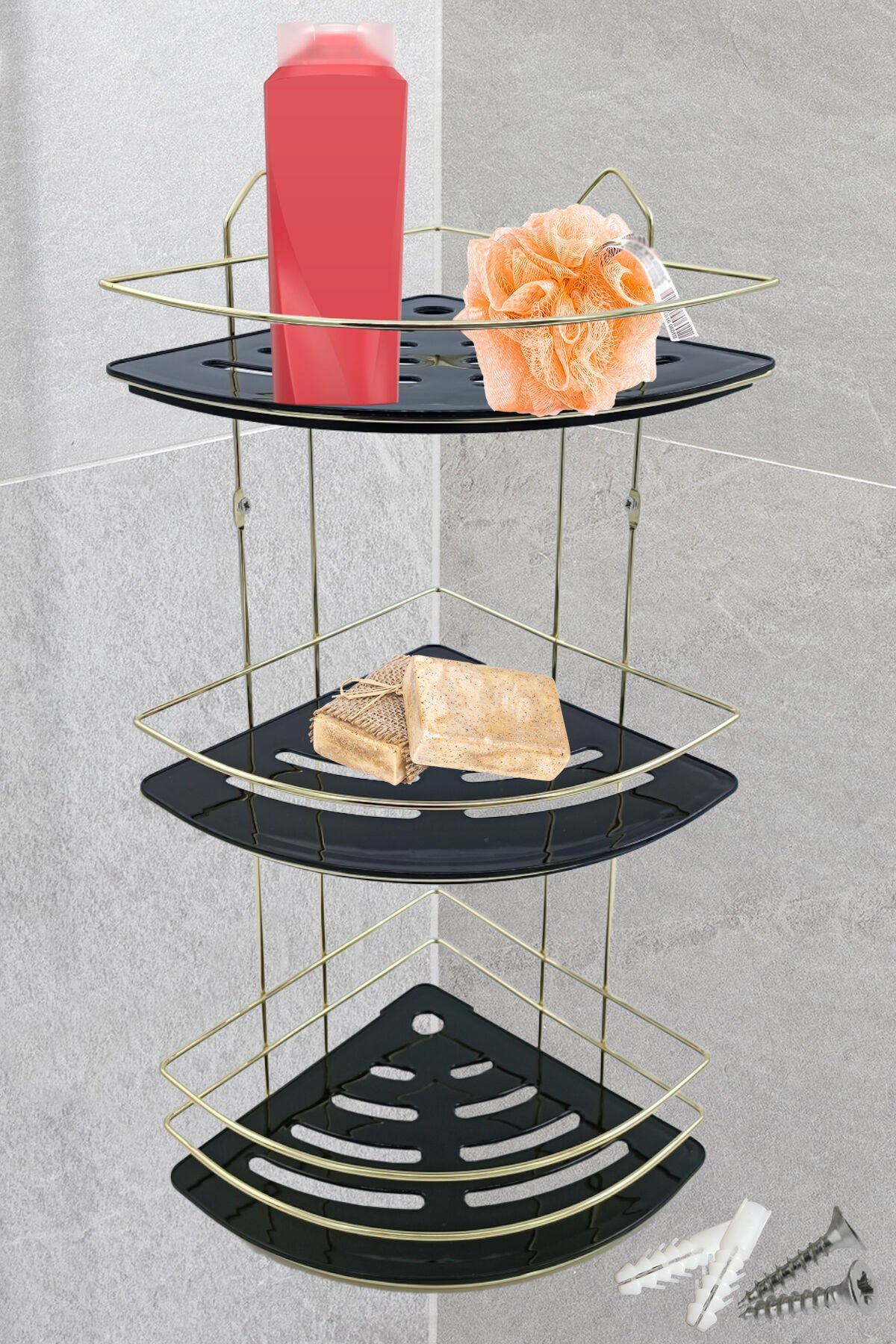 3 Katlı Metal Düz Banyo Köşeliği Düzenleyici Şampuanlık Duş Rafı Vidalı Gold