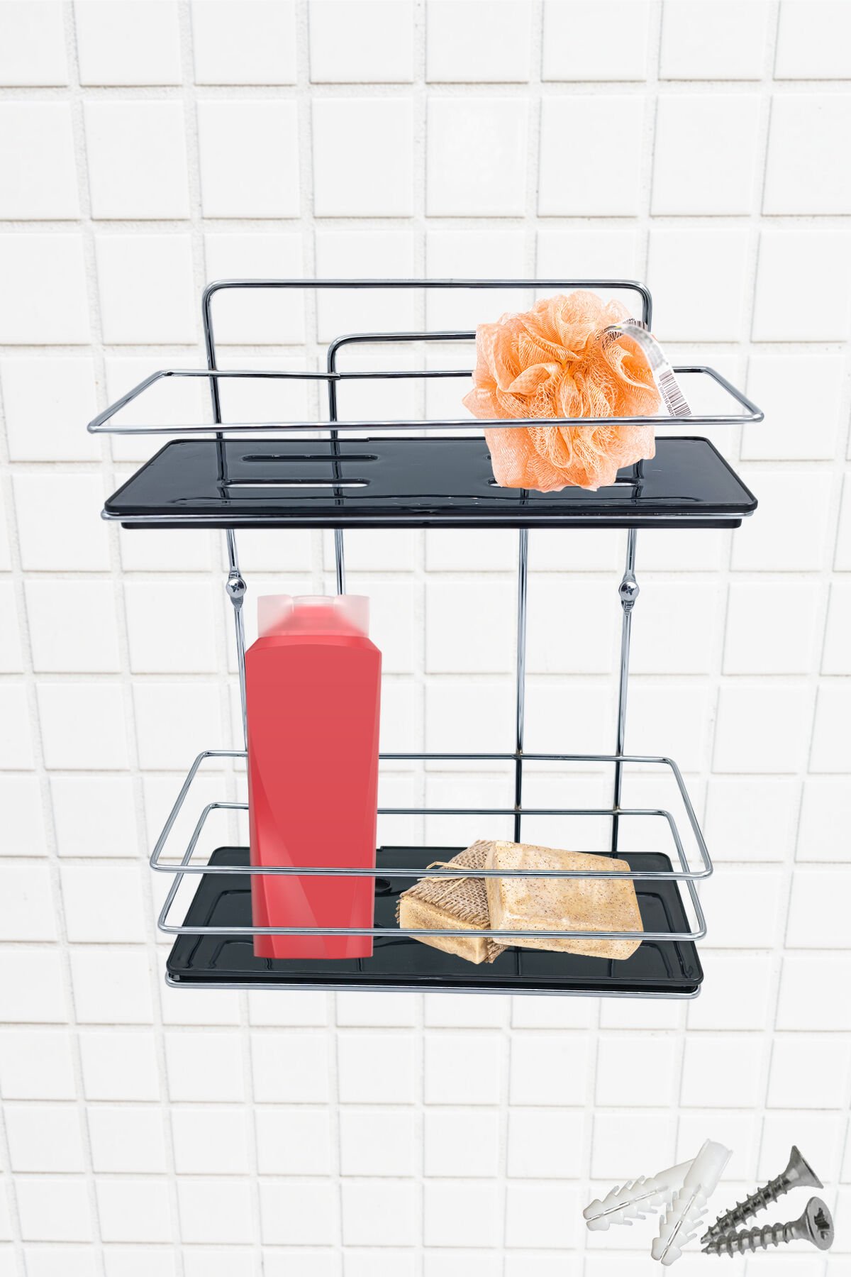 2 Katlı Metal Düz Banyo Rafı Düzenleyici Şampuanlık Duş Rafı Vidalı Krom