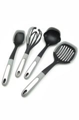 4'lü Plastik Silikon Uçlu Kepçe Kevgir Kaşık ve Çırpıcı Ölçekli Servis Seti