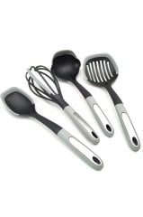 4'lü Plastik Silikon Uçlu Kepçe Kevgir Kaşık ve Çırpıcı Ölçekli Servis Seti