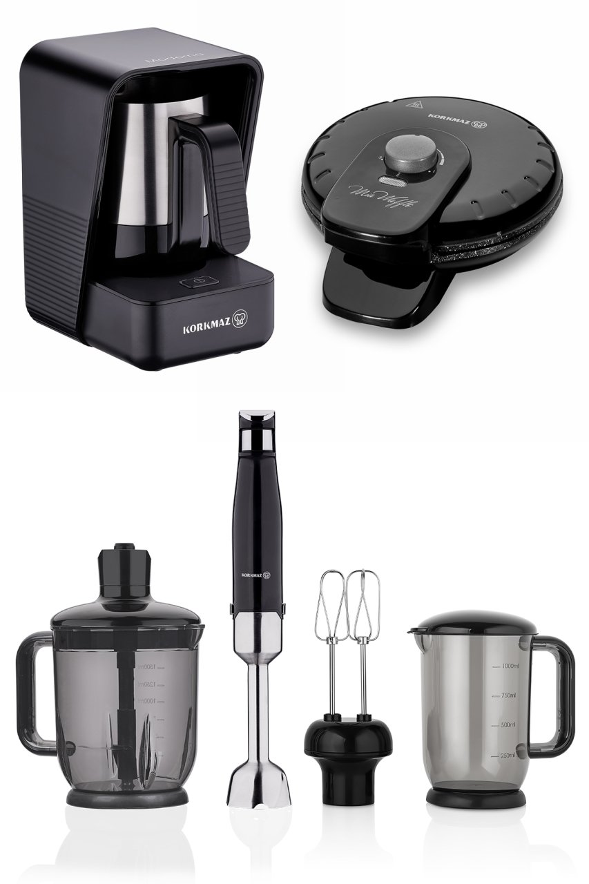 Korkmaz Performix Mega Siyah Blender Set + Moderna Siyah Kahve Makinesi + Mia Siyah Waffle Makinesi