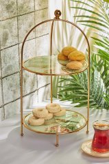 Sunumluk Birds Yuvarlak 2  Katlı Kurabiyelik Desenli Tutmalı 25 Cm