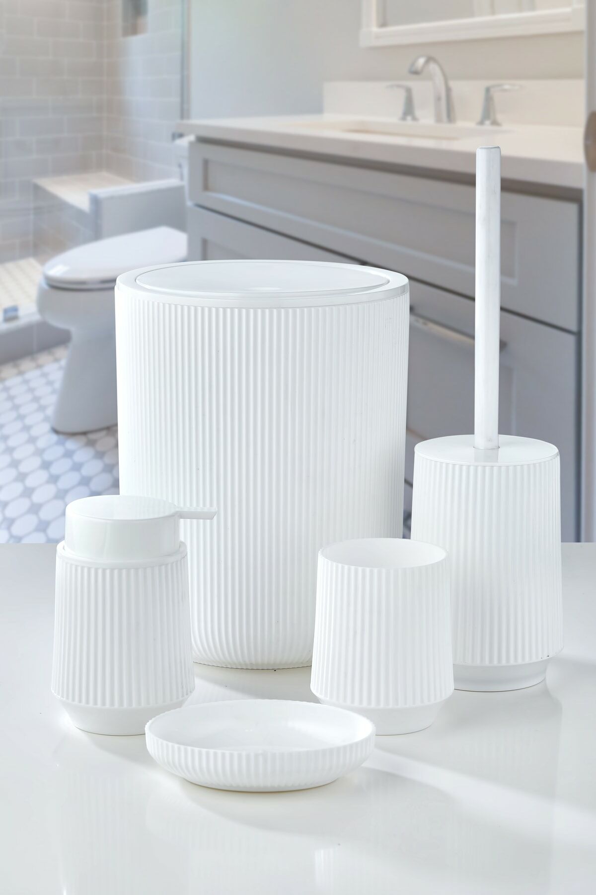 5 Parça Lüx Banyo Seti Yuvarlak Çizgili Banyo Takımı Beyaz