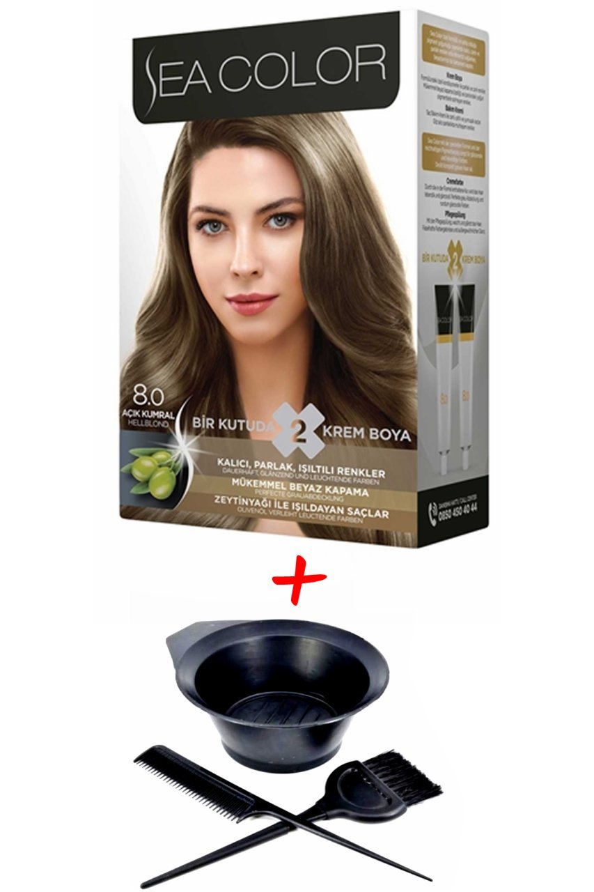 Sea Color Krem Saç Boyası 8.0 Açık Karamel 2 Tüplü Set + Boyama Seti