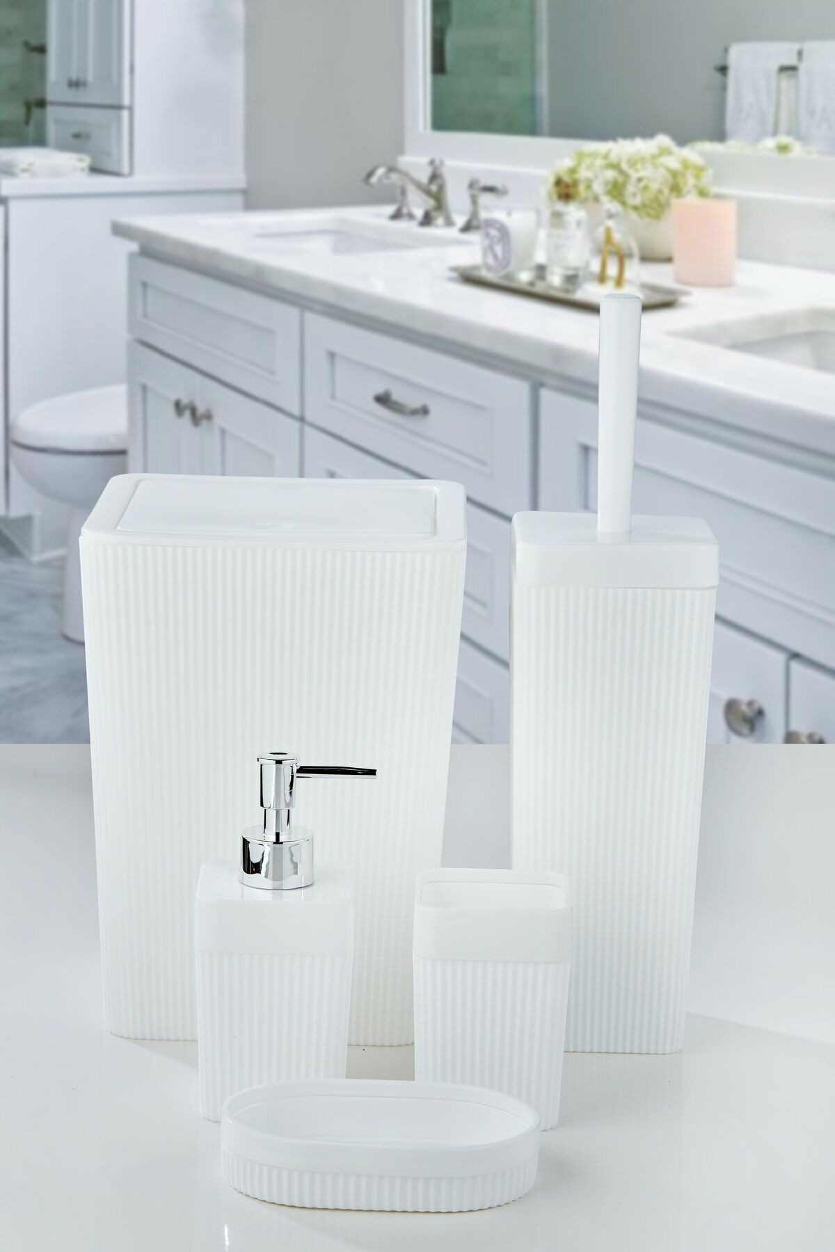 5 Parça Lüx Banyo Seti Kare Çizgili Banyo Takımı Beyaz