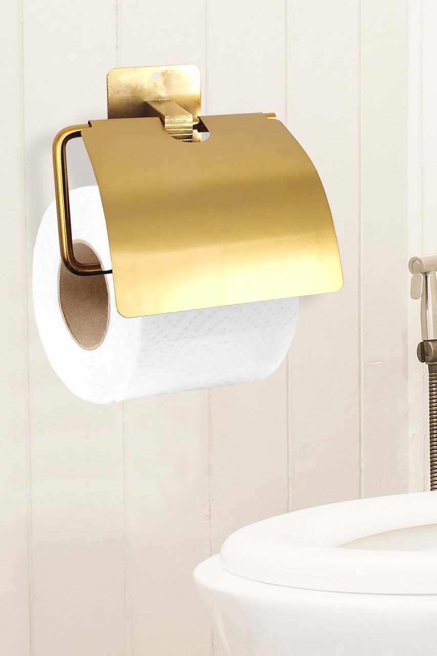 WC Kağıtlık Yapışkanlı Kapaklı Tuvalet Kağıtlığı Köşeli Mat Gold