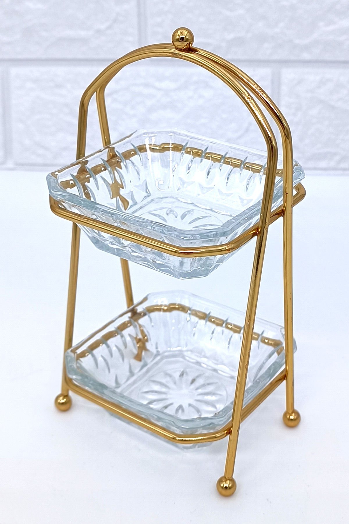 2 Katlı Sunumluk Kare Lokumluk Şekerlik Kristal Cam Kaseli Metal Standlı Altın