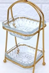 2 Katlı Sunumluk Kare Lokumluk Şekerlik Kristal Cam Kaseli Metal Standlı Altın