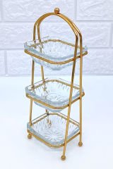 3 Katlı Sunumluk Kare Lokumluk Şekerlik Kristal Cam Kaseli Metal Standlı Altın