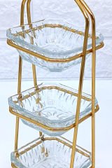 3 Katlı Sunumluk Kare Lokumluk Şekerlik Kristal Cam Kaseli Metal Standlı Altın