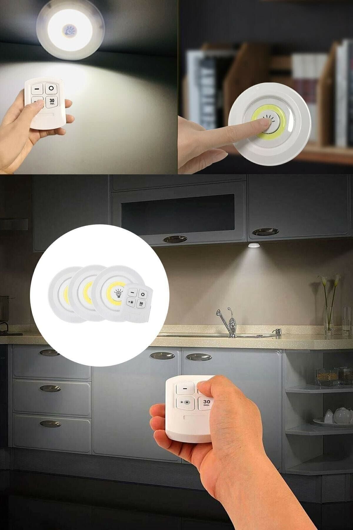 Uzaktan Kumandalı Kablosuz 3'lü Led Spot Lambalar Yapışkanlı Dolap Altı Işığı