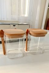 2'li Bambu Kapaklı Plastik Kaşıklı Kavanoz Baharat Seti & Baharatlık (Mika)