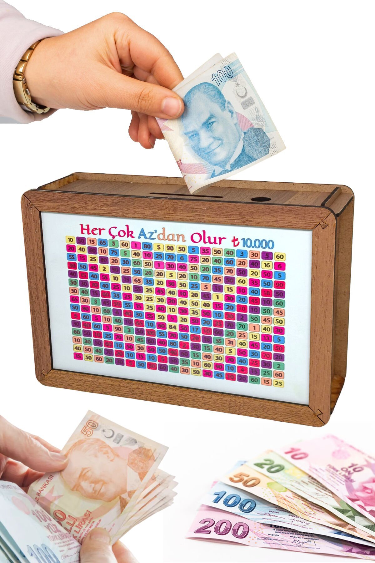 10.000TL Kumbara - Para Biriktirme Kutusu Cash Box Ahşap Yazılı