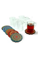 6lı Cam Kupa Isıya dayanıklı+6 adet Çini Desenli Bardak Altlığı