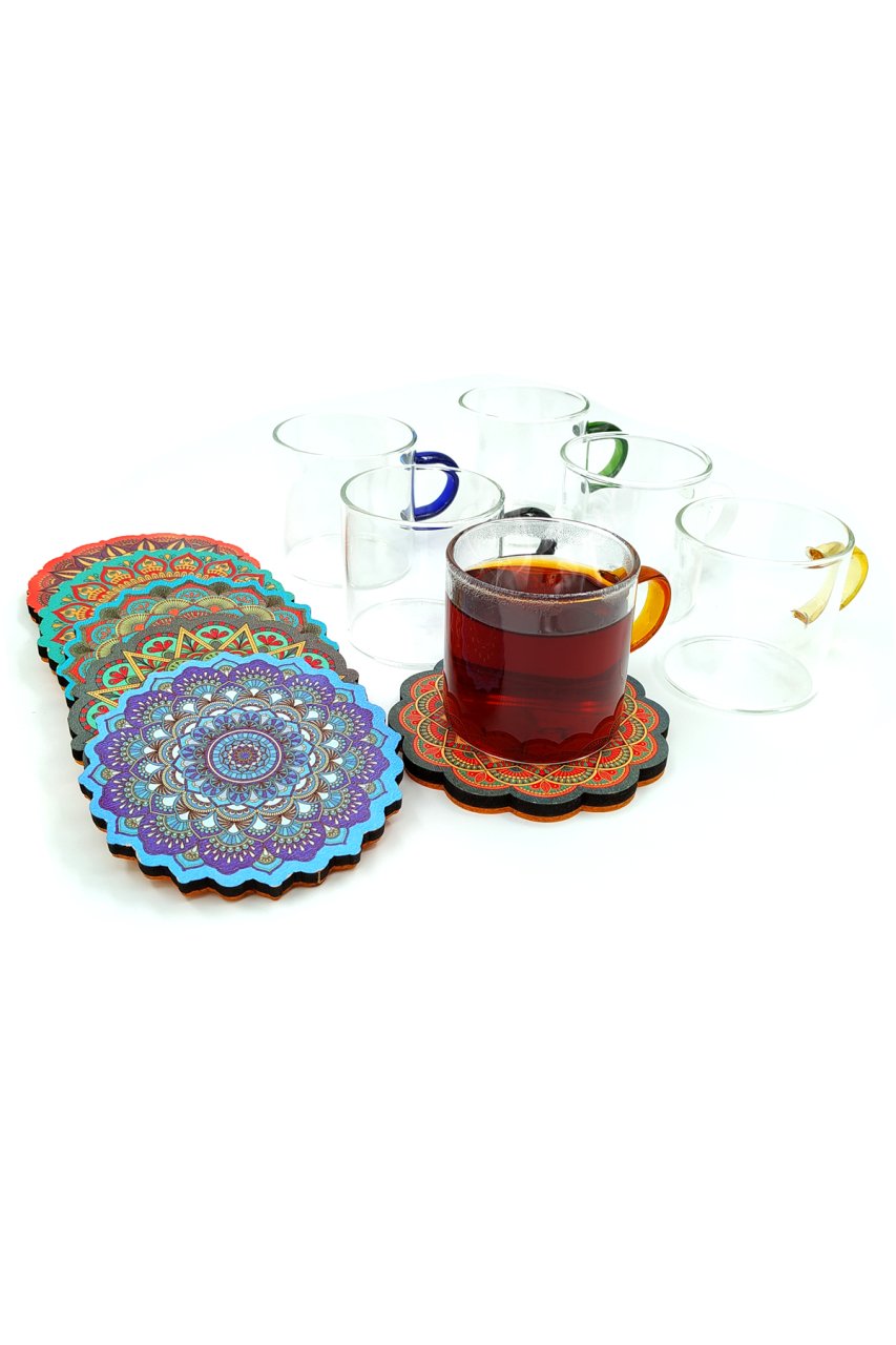 6lı Cam Kupa Termisil Renkli Kulp+6 adet Desenli Bardak Altlığı