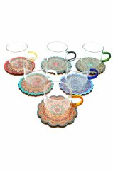 6lı Cam Kupa Termisil Renkli Kulp+6 adet Desenli Bardak Altlığı