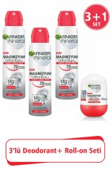 Garnier Deodorant Magnezyum Ultra Kuru 150ml X 3 adet + Roll-on Ultra Kuru 50ml