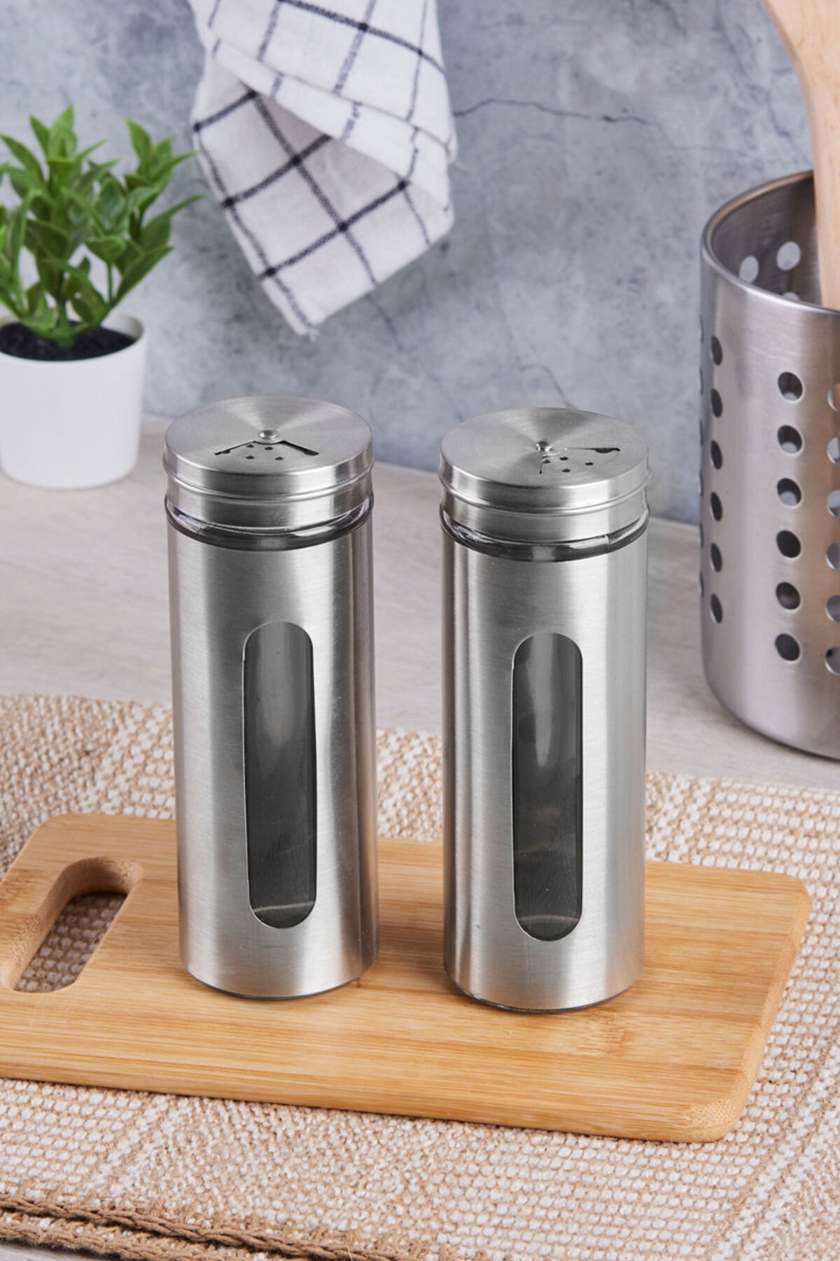 Metal Kaplamalı Cam Baharatlık Tuzluk Biberlik 2 li 180 ml