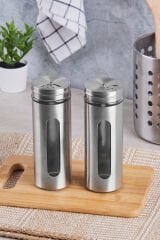 Metal Kaplamalı Cam Baharatlık Tuzluk Biberlik 2 li 180 ml