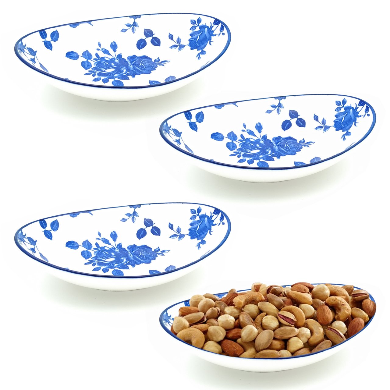 4lü Porselen Kayık Oval Gül Desenli 18cm Mavi TR-1091