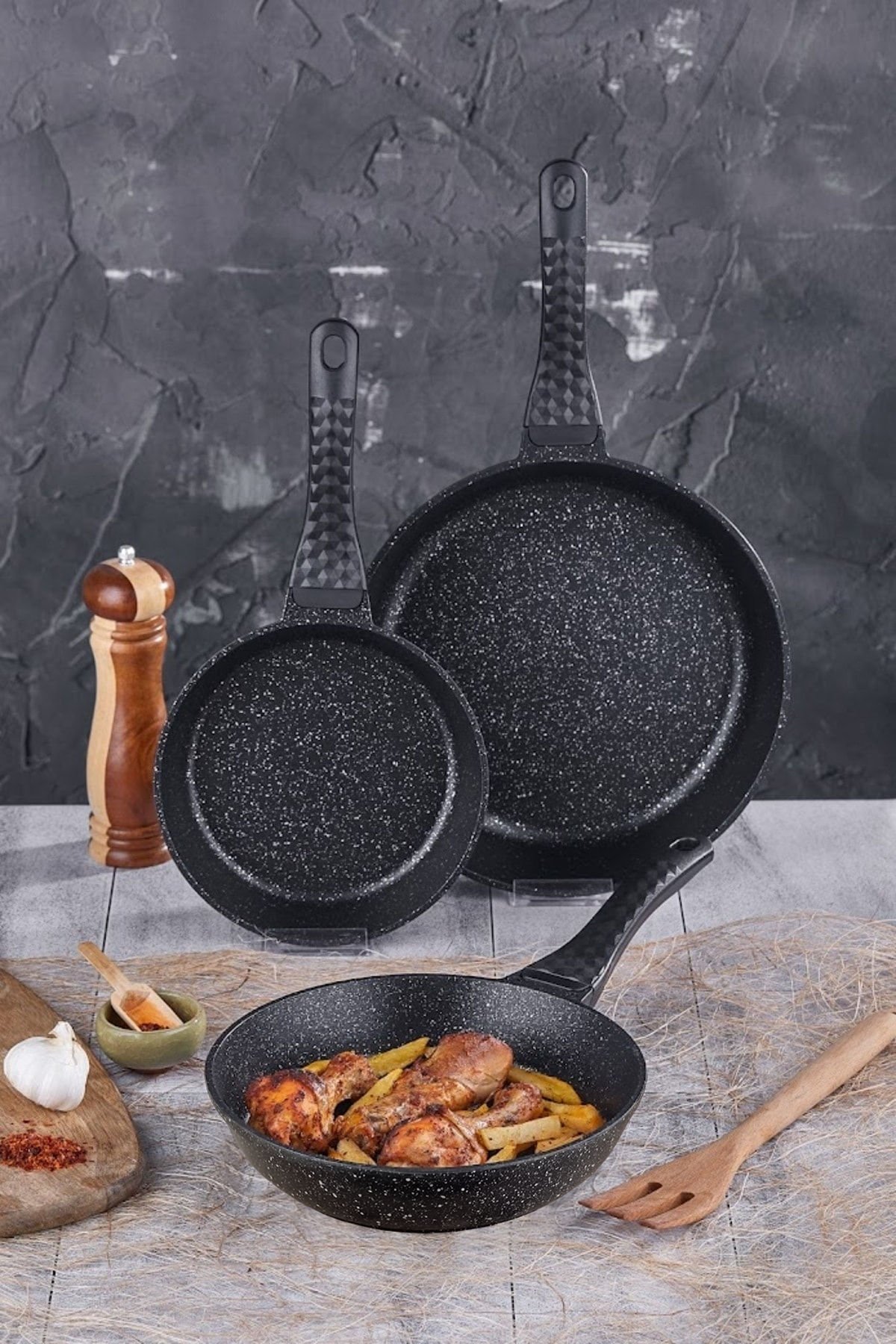 Döküm Granit 3'lü Tava Set 20-24-28 cm Siyah